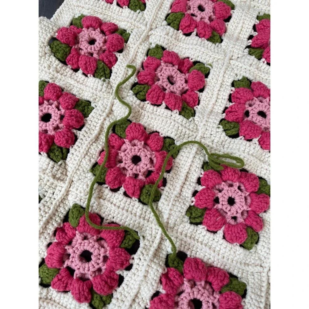 Handmade Crochet Floral Granny Square Blanket Pink Cream 63X51 Excellent Boho